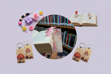 bookmarks, keychains, notebooks, polymer clay charms with bookmarks. Handmade