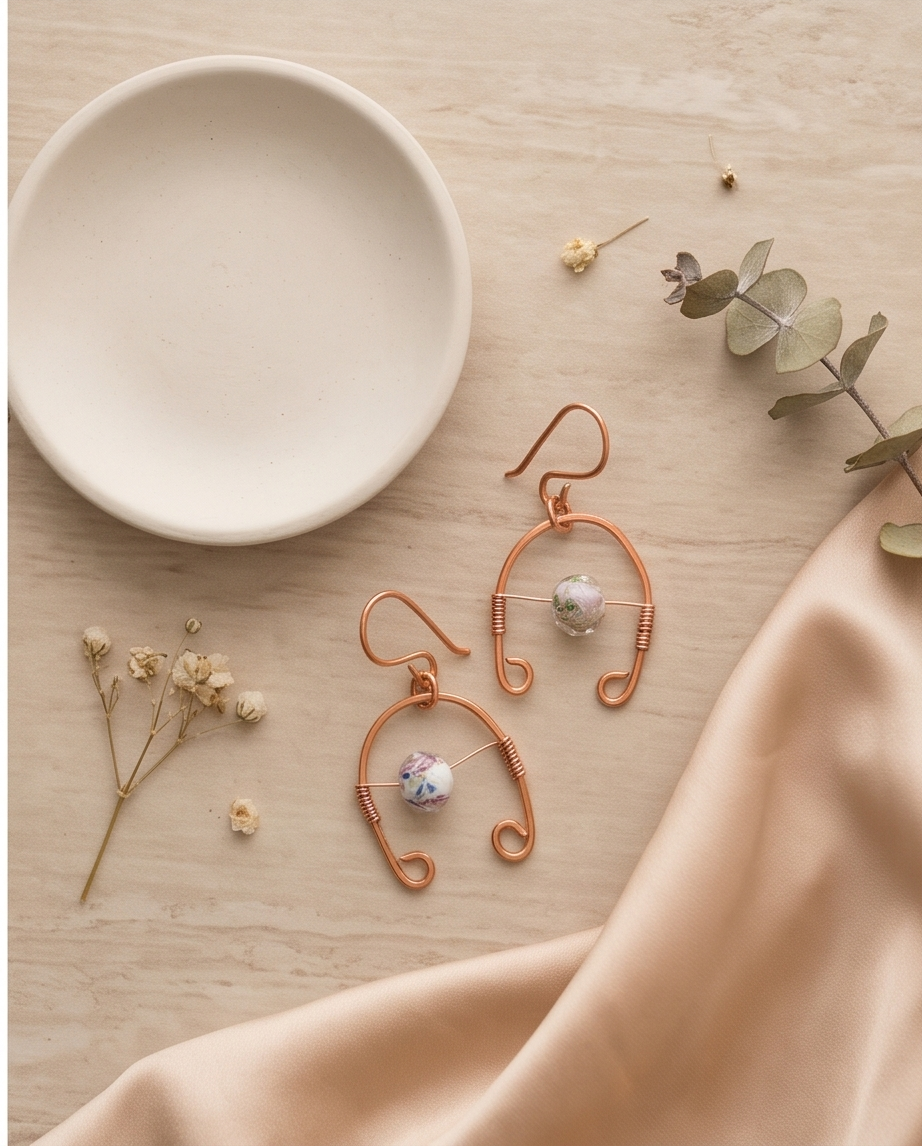 Confetti Bloom copper-tone wire dangle earrings styled on a neutral background