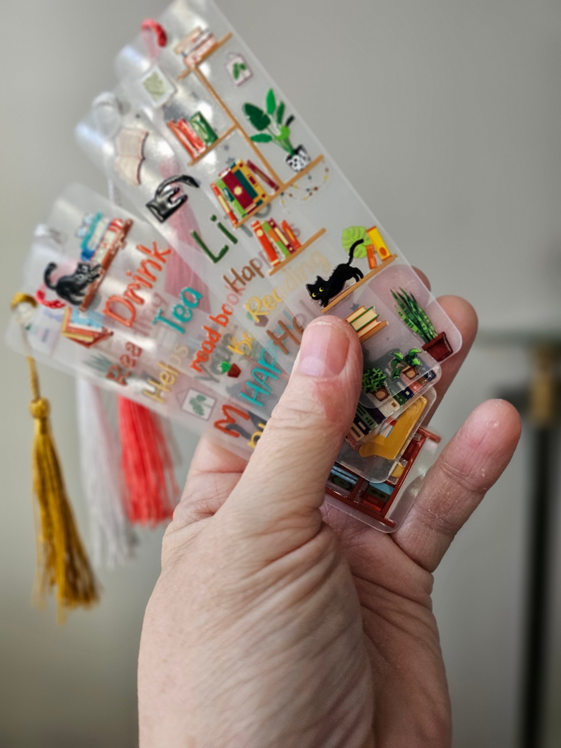 Bookshelf Bookmarks with black cats with colored tassels