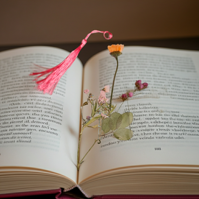 Botanical Garden Resin Bookmark | Pressed Flowers & Ferns with Pink Tassel