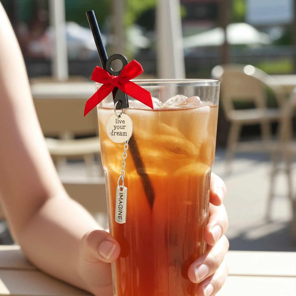 Person holding a glass of iced tea with a red ribbon and straw, outdoors.