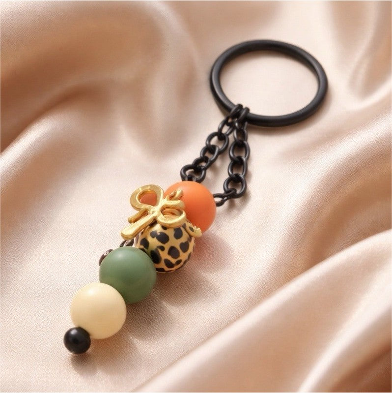 Leopard Print Bead Charm Keychain w/ Gold Tone Bow & Black Detachable Keyring