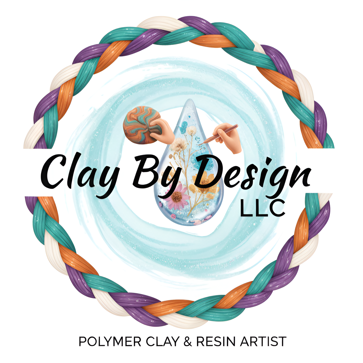 Logo of Clay By Design LLC featuring polymer clay and resin art with braided colors.